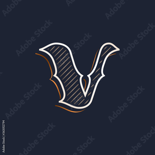 Vintage V letter logo with line decoration. Classic serif lettering.