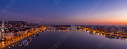 Panoramic aerial drone shot of Margaret island bridge in Budapest dawn before sunrise