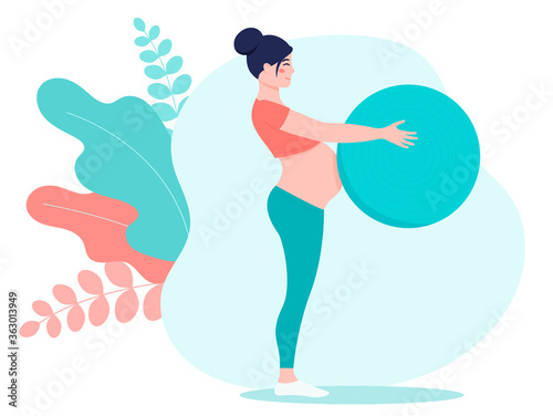 Pregnant girl in a sports suit with a fitball. The concept of a healthy pregnancy and sports. Cartoon vector flat style illustration for web site or mobile application.