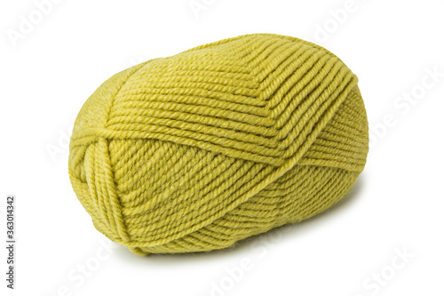 Skein of woolen light green, olive yarn isolated on a white background