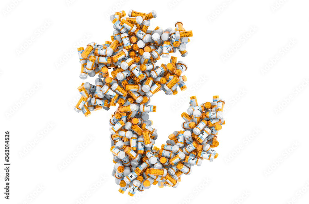 Lira symbol from medical bottles with drugs. 3D rendering
