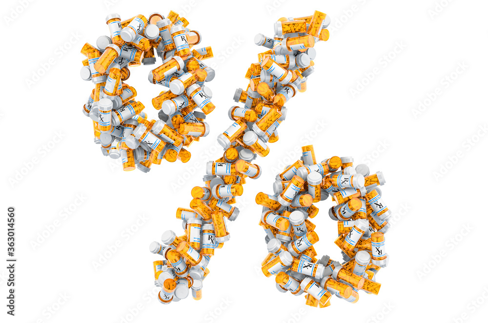 Percent symbol from medical bottles with drugs. 3D rendering