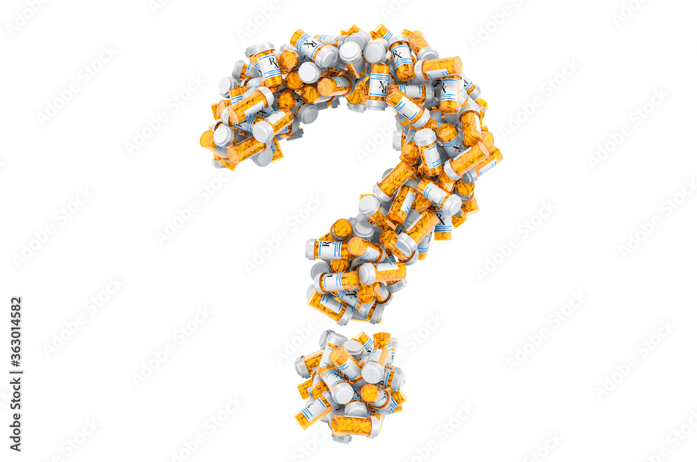 Question mark from medical bottles with drugs. 3D rendering