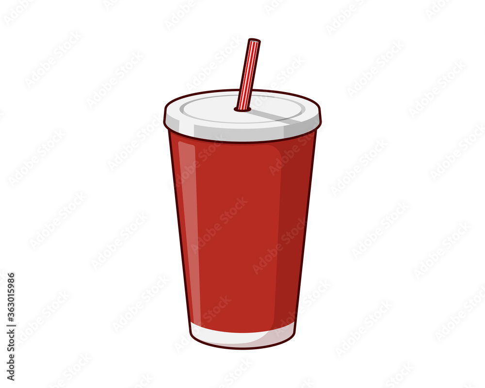 Red disposable paper or plastic beverage cup packaging template with drinking straw for soda or fresh juice cocktail. Vector flat eps illustration isolated on white background Red disposable paper or plastic beverage cup packaging template with drinking straw for soda or fresh juice cocktail. Vector flat eps illustration isolated on white background
