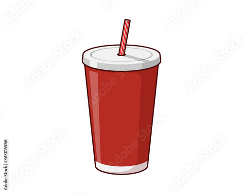 Red disposable paper or plastic beverage cup packaging template with drinking straw for soda or fresh juice cocktail. Vector flat eps illustration isolated on white background