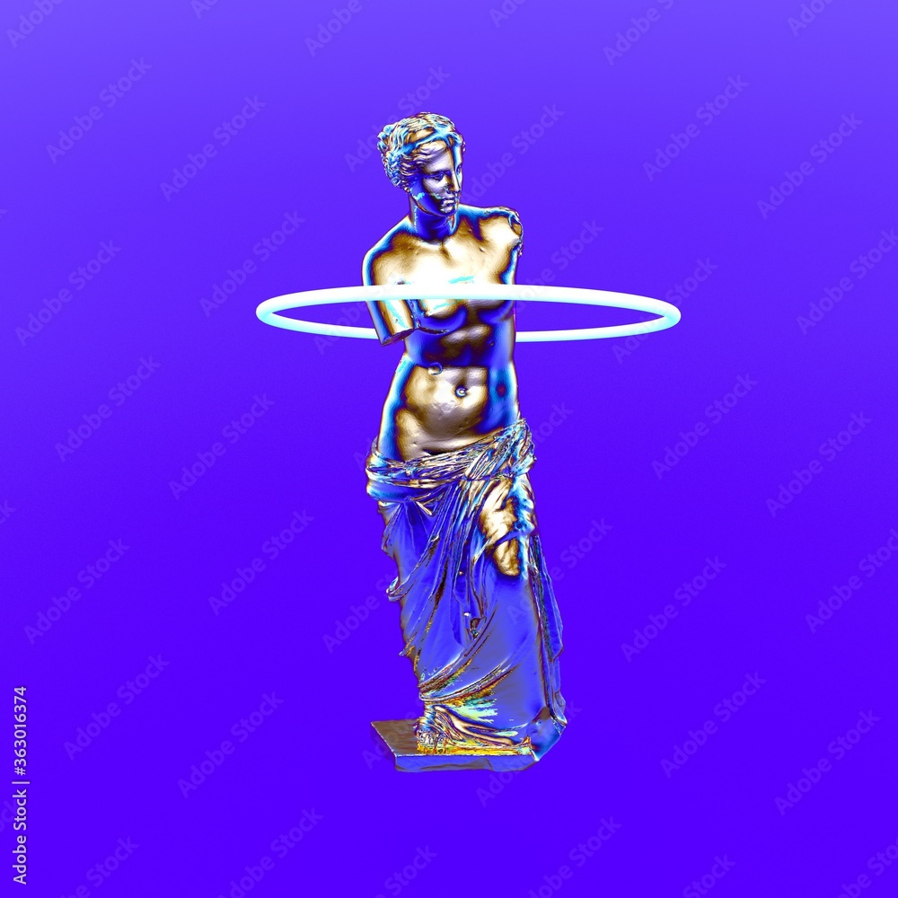 Φωτογραφία 3D rendering of surreal futuristic scene with sculpture and neon ring around it