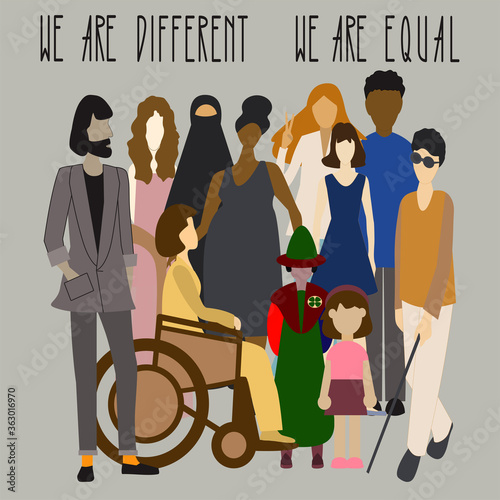 Vector illustration different people and text We are different We are equal. Human rights day