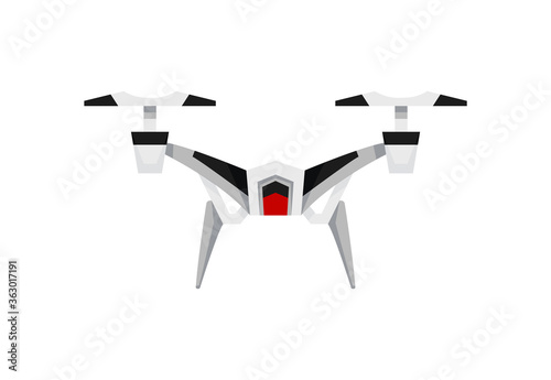Quadrocopter drone. Air drone hovering. Aerial vehicle. Unmanned aircraft. Modern air gadjet, quadrocopter on remote control. Flat cartoon style of aircraft camera