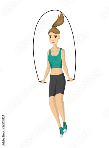 Woman fitness. Vector girl doing sport physical exercise. Workout aerobic fitness with skipping rope. Active and healthy life concept