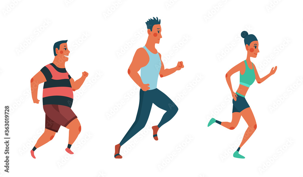 Men and women running marathon race. Group of people dressed in sports clothes. Participants of athletics event trying to outrun each other