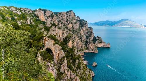 : A panorama view along the coast towards Sorrento from the coastal path on the island of Capri, Italy