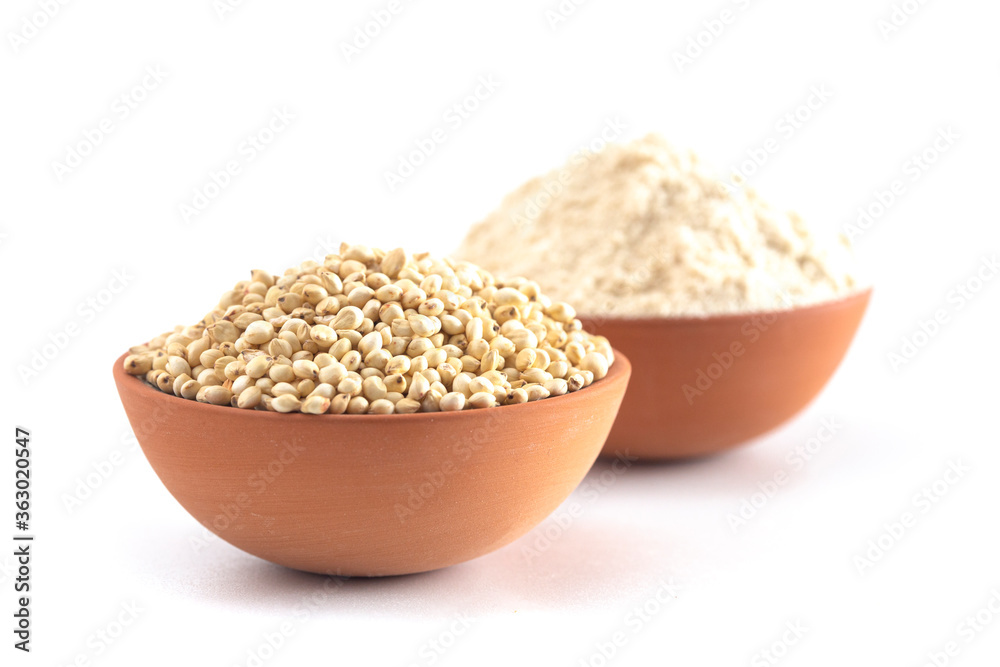 Bowl of Sprouted Sorghum and Sorghum Flour Isolated on a White Background Bowl of Sprouted Sorghum and Sorghum Flour Isolated on a White Background