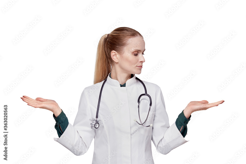 The concept of choosing a medicine. Woman spread her arms to the sides. The concept of choosing a medicine. Woman spread her arms to the sides.