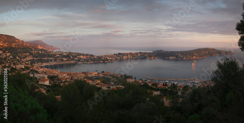 Panorama at sunshine time in french riviera with cap ferrat and villefranche sur mer. France
