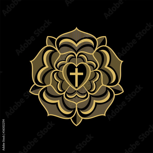 Rose Luther. Illustration of theology and confession of faith in the atoning sacrifice of the Lord and Savior Jesus Christ.