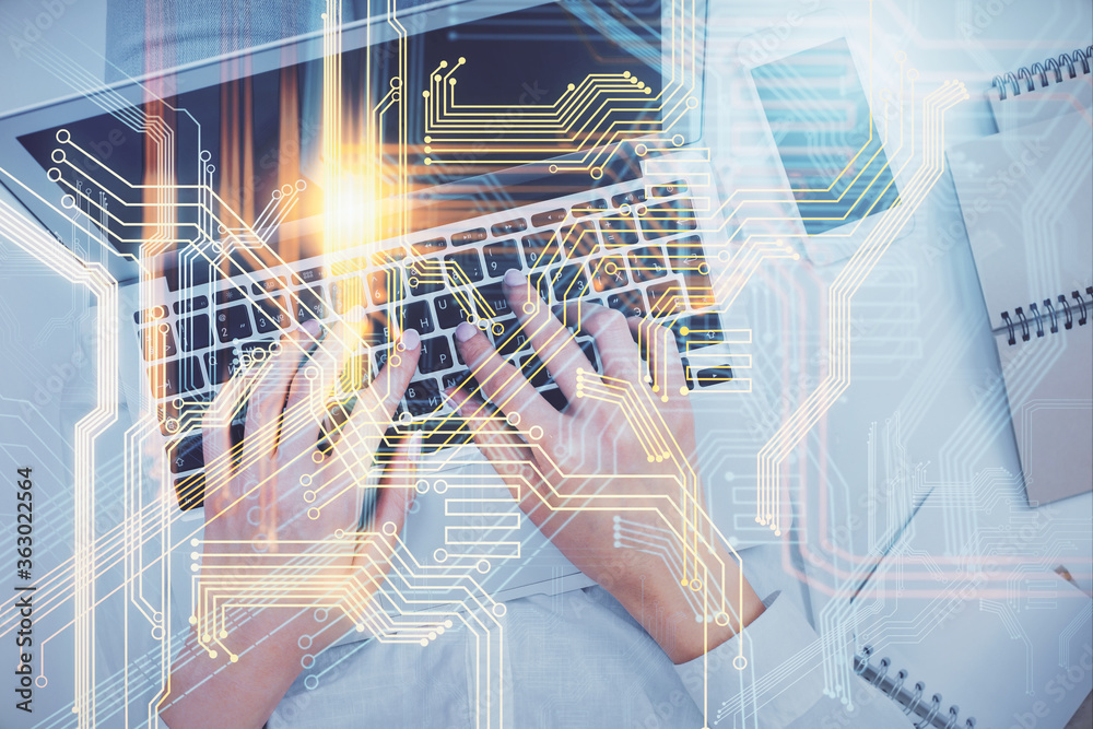 Double exposure of woman hands working on computer and world map hologram drawing. Top View. International business concept. Double exposure of woman hands working on computer and world map hologram drawing. Top View. International business concept.