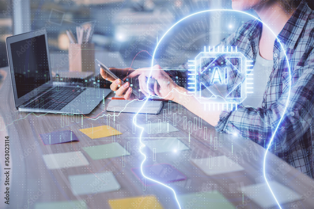 Multi exposure of woman hands working on computer and human brain hologram drawing. Ai tech concept. Multi exposure of woman hands working on computer and human brain hologram drawing. Ai tech concept.