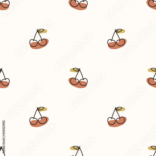 Seamless background cherry fruit. Gender neutral kid food pattern. Simple whimsical minimal earthy 2 tone color. Baby nursery wallpaper or boho decorative gardening decor all over print. 