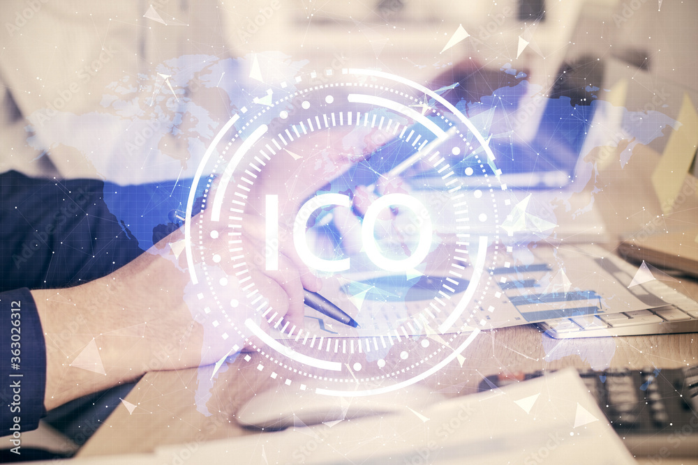 Double exposure of man's hands holding and using a phone and crypto currency blockchain theme drawing. Double exposure of man's hands holding and using a phone and crypto currency blockchain theme drawing.