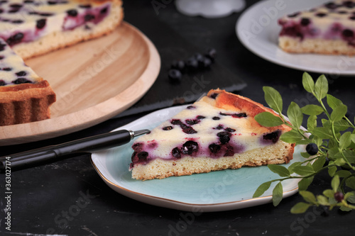 Homemade Blueberry Custard Pie. A piece of Blueberry Tart on a plate. 