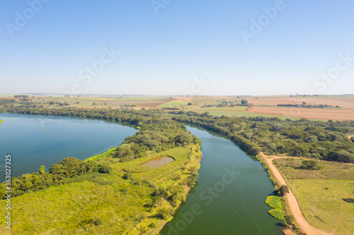 aerial view of waterway in Tiete River in Bariri city in Sao Paulo State - Brazil photo