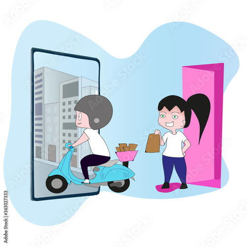 Servicio de envío en tienda . Seguimiento de pedidos, personas que siguen su pedido en el servicio de entrega móvil. Ilustración vectorial
