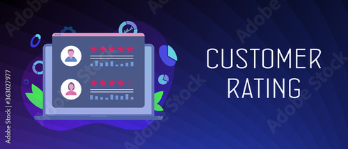 Customer Rating, Online reputation management system. Laptop with customer review rating messages. Know your client idea. Increase ranking and evaluation. Header and footer banner vector template