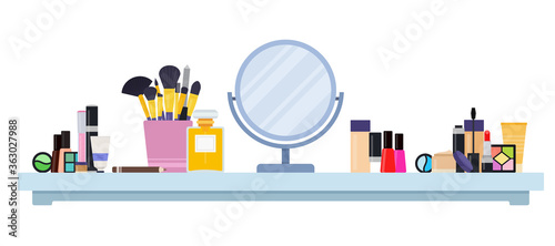 Illustration with a set of varied decorative cosmetics and accessories vector in a flat design.