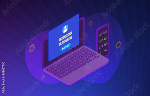 Two Step Authentication (2FA) - 2 steps verification secure password concept. Isometric laptop and smartphone with UI UX authentication login form. Vector Illustration concept with violet background.
