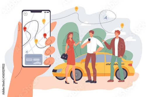 People rent taxi cab via smartphone use car sharing service mobile application. Man woman searching companion for economy location destination. Human hand holding phone. Common route on screen