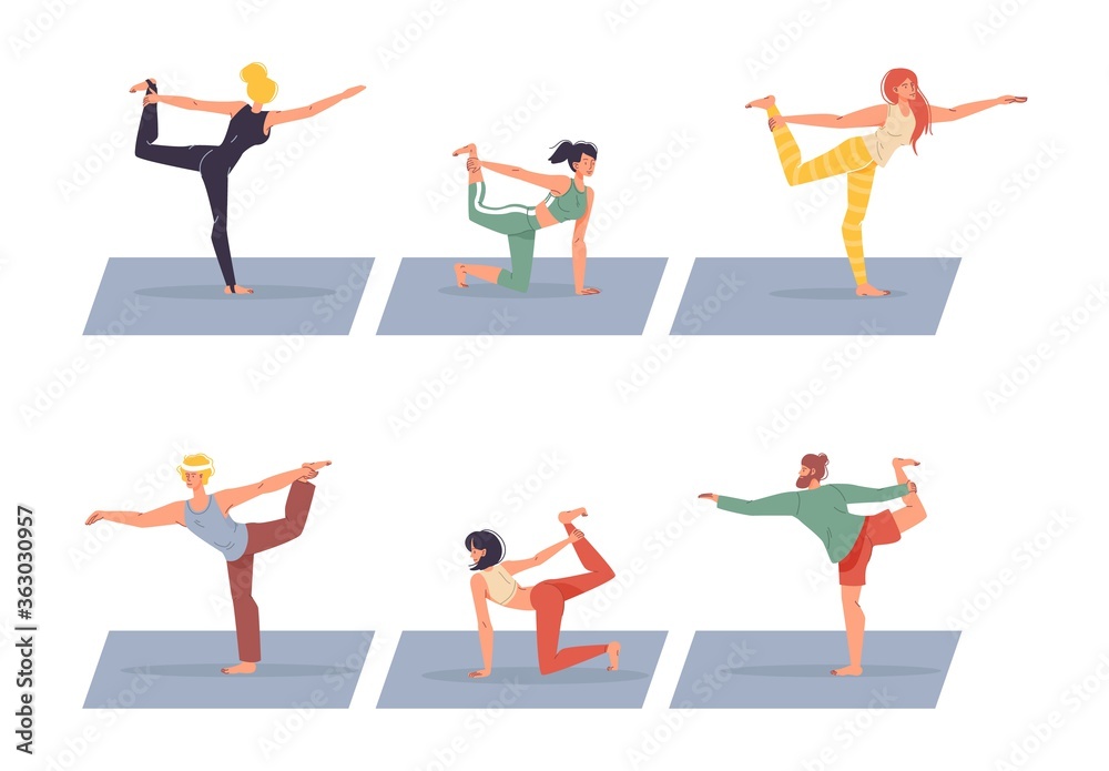 Diverse people character doing balance yoga exercise isolated set. Healthy man woman in sportswear warming up stretching standing in pilates dancer posture. Morning fitness activities, stress relief