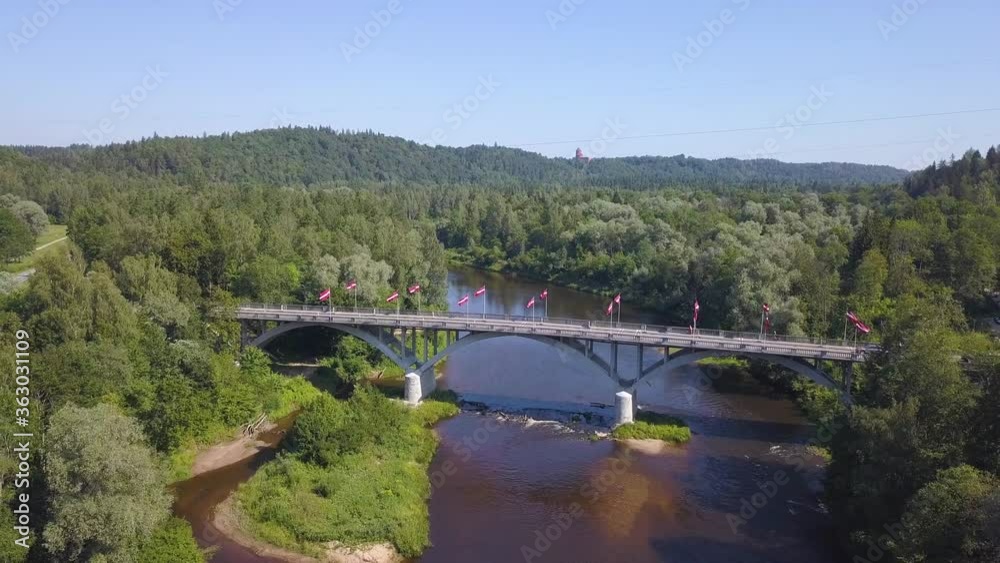 Incredible aerial shot of a bridge and river in the rural countryside of Latvia. Wide shot, pull back. Incredible aerial shot of a bridge and river in the rural countryside of Latvia. Wide shot, pull back.