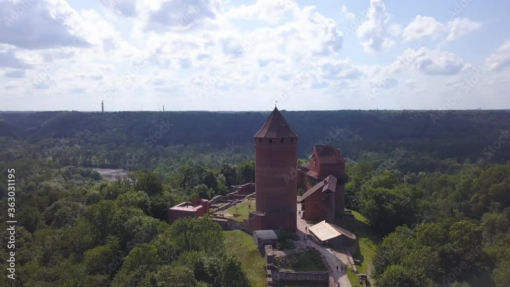 Cinematic aerial parallax shot around Turaida Castle in Latvia. Orbital shot, boom up, tilt down. Cinematic aerial parallax shot around Turaida Castle in Latvia. Orbital shot, boom up, tilt down.