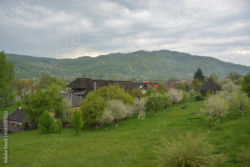 Obraz na płótnie Barsana monastery, Maramures, Romania, Europe, spring 2018. Beautiful views of green meadows with houses from Barsana monastery. w salonie