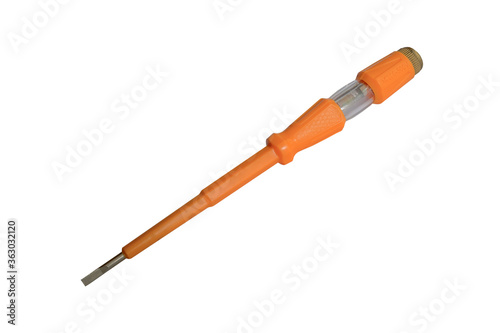 Yellow electric tester screwdriver on white background