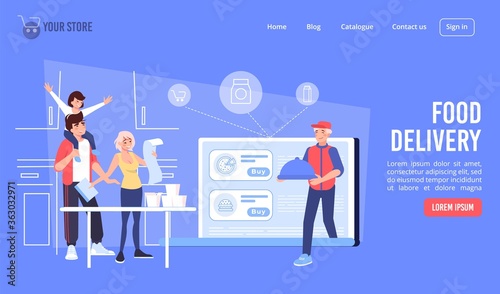Food delivery restaurant service landing page. Happy family having child ordering dinner online. Deliveryman courier carrying hot dish. Laptop screen showing menu to choose buy lunch meal