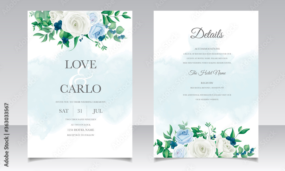 Wedding invitation card with beautiful roses  greenery  leaves  and blueberries