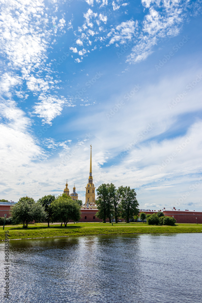 Russia, St. Petersburg, July 3, 2020, Peter and Paul Fortress .. The photo shows the Peter and Paul Fortress on the banks of the Neva against the sky, a view from the arrow of Vasilyevsky Island