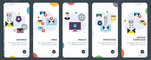 Set of concept flat design icons for antivirus, protection, security, email. UX, UI vector template kit for web design, applications, mobile interface, infographics and print design.