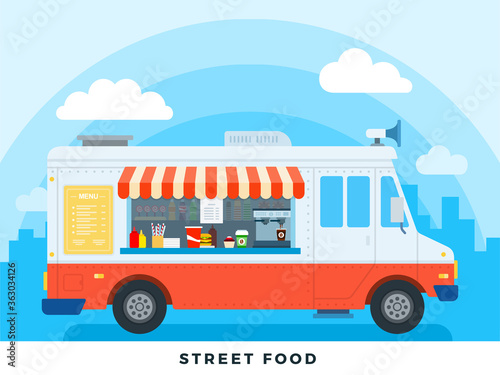 Street food vector flat illustrations. Foods truck with fast food on backdrop sky.