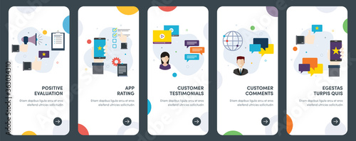 Positive evaluation, app rating and customer testimonials. Set of concept flat design icons for rating, service, survey, support, customer, feedback. 