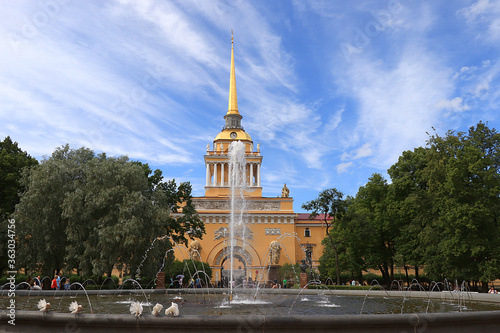 Russia, St. Petersburg, July 3, 2020. The building of the main Admiralty. The photo shows the Admiralty and the fountain in front of it. Since 2012, 