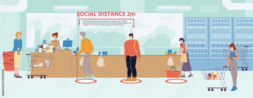 Social distancing at supermarket motivation poster. People buyers wearing protective facial mask keep distance up to 2 meter at shop cashier desk to safe health and prevent flu Covid-19 virus spread Social distancing at supermarket motivation poster. People buyers wearing protective facial mask keep distance up to 2 meter at shop cashier desk to safe health and prevent flu Covid-19 virus spread