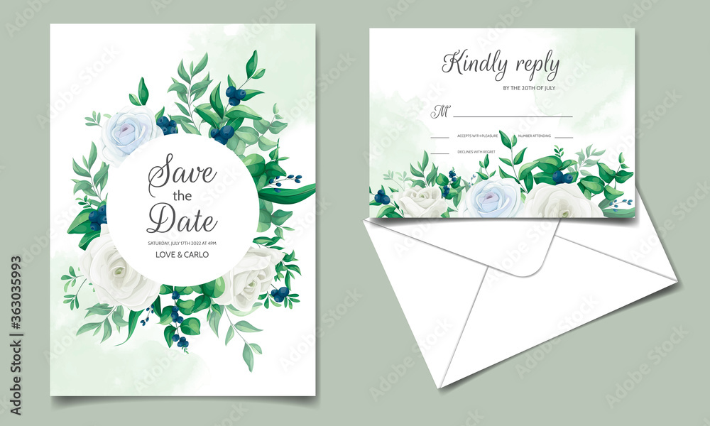 Wedding invitation card with beautiful roses  greenery  leaves  and blueberries