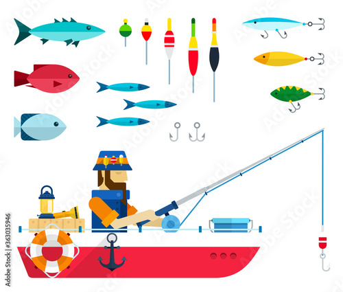 Set of varieties of fish, floats, hooks and fisherman with fishing rod in a boat vector illustration