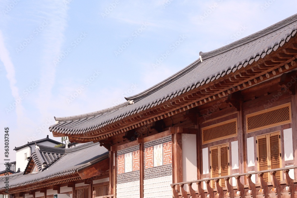 Closeup shot of a facade of traditional Korean house