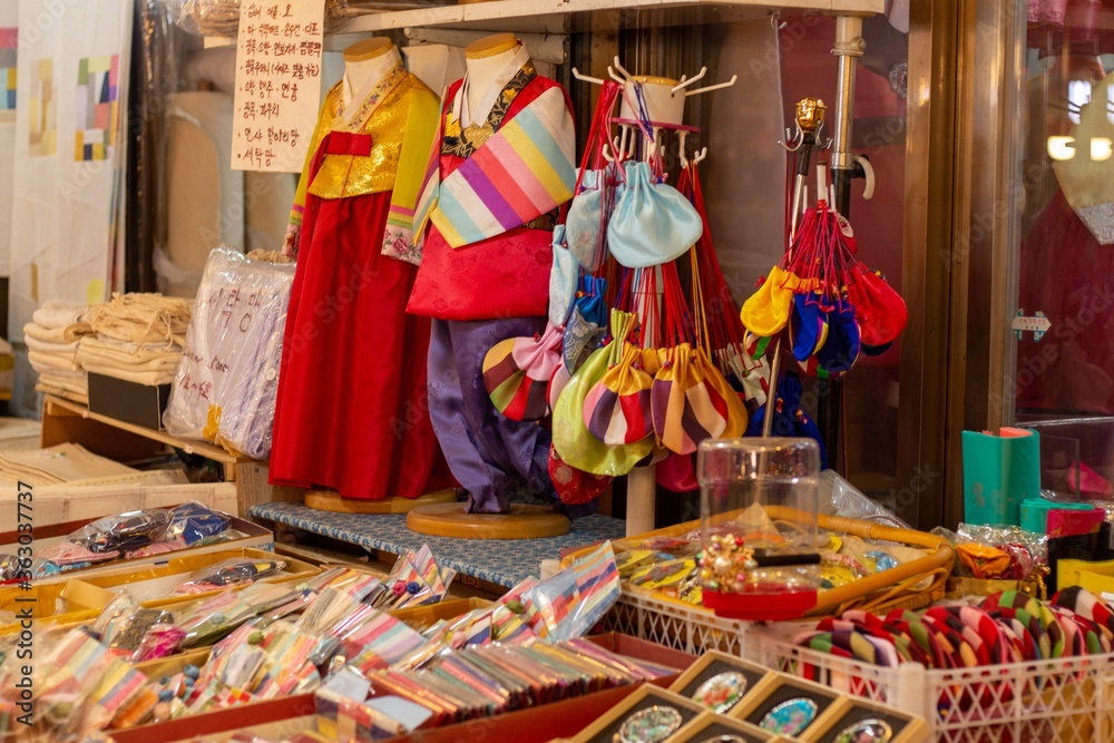 Closeup shot of souvenirs in a flea market in Korea