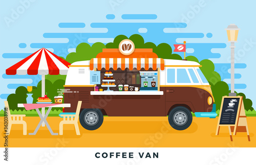 Coffee and baking van in the park vector flat illustration.