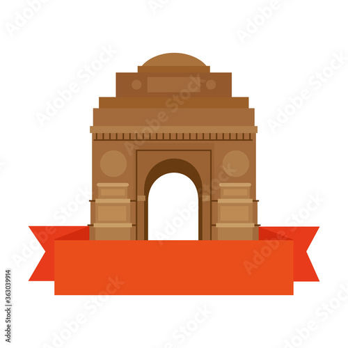 india gate, famous monument of india with ribbon vector illustration design