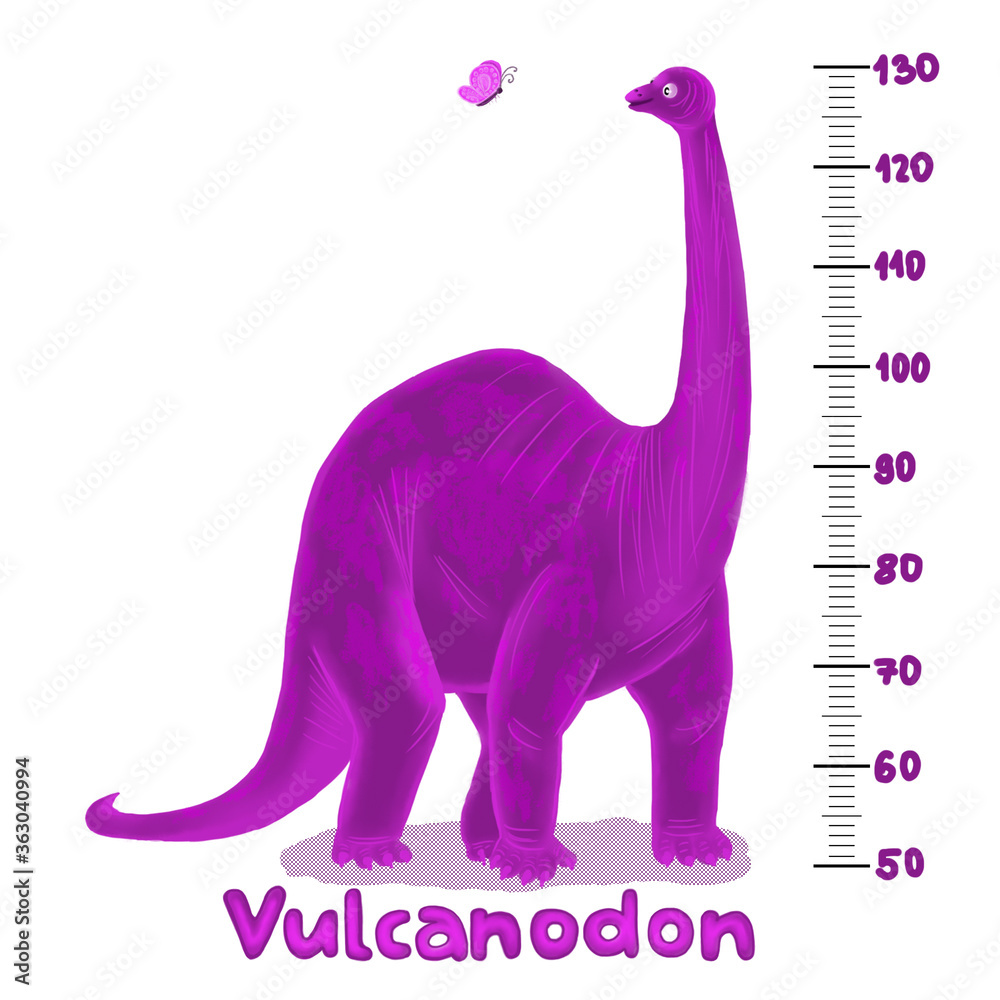 Kids height chart with funny dinosaur. Illustration in flat style for children growth measure, gift for baby birth, shower. Childish meter wall for nursery design with cute dino. 